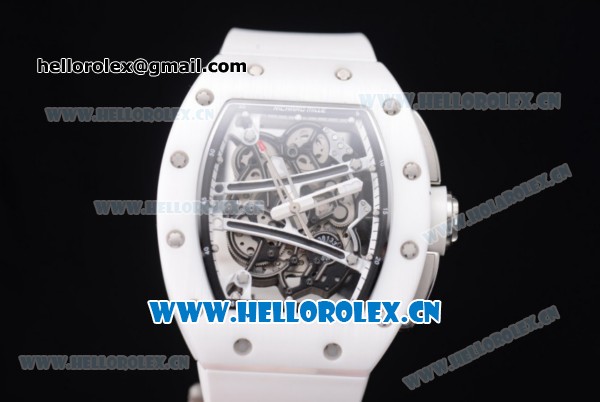 Richard Mille RM 038 Miyota 9015 Automatic Steel Case with Skeleton Dial Dot Markers White Ceramic Bezel and White Rubber Strap - Click Image to Close